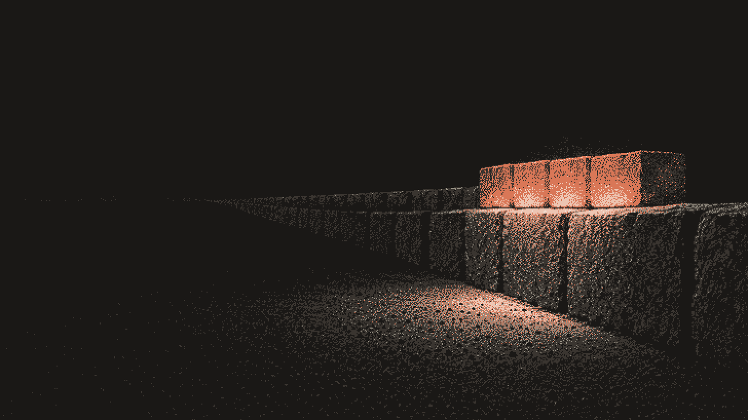 A long dark stone wall across a plain at night, with four smaller blocks glowing terracotta on top of its nearest stretch