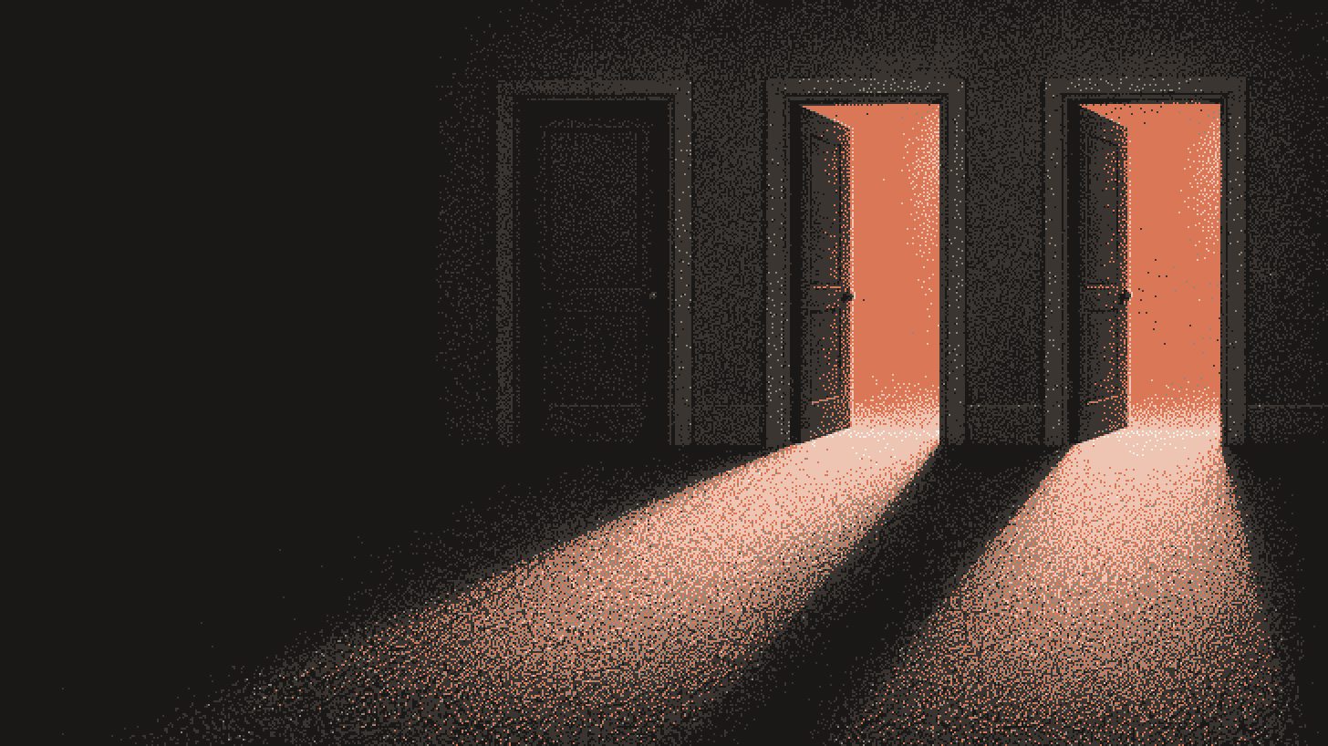 Three doorways in a dark wall, the left one shut and the other two open, throwing two beams of terracotta light across the floor
